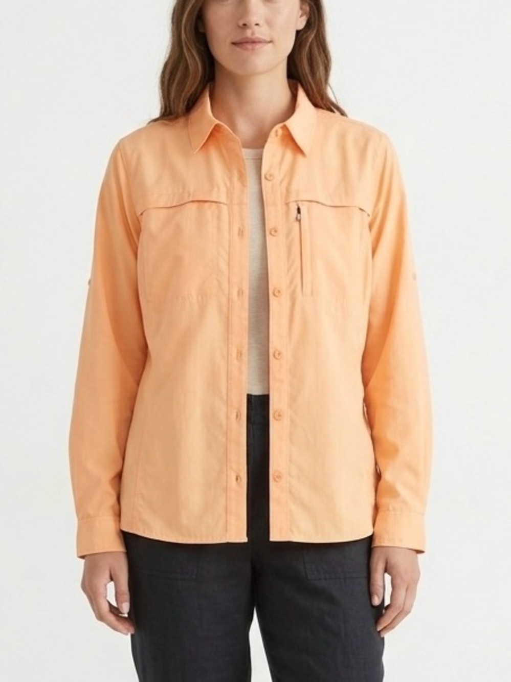 LL Bean Tropicwear Shirt Peach Vented Roll Tab Long Sleeve Size L Utility Chic